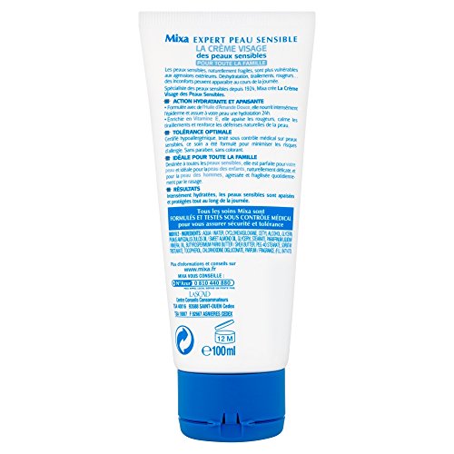 Mixa Expert Piel Sensible – Crema facial para pieles sensibles con aceite de almendra dulce + vitamina E, 100 ml, juego de 2 unidades