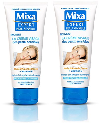 Mixa Expert Piel Sensible – Crema facial para pieles sensibles con aceite de almendra dulce + vitamina E, 100 ml, juego de 2 unidades
