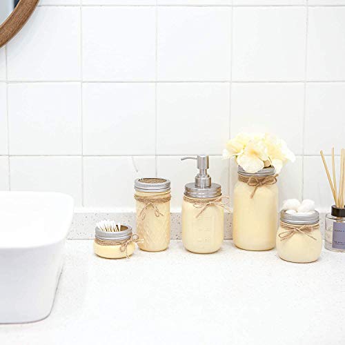 Mkouo Mason Jar Bathroom Accessories Set 5 Pack Tarros Pintados Rustic Farmhouse Home Decor Include Dispensador de jabón,Esponja de Maquillaje, Bastoncillo de algodón,Tejido,Porta Cepillo de Dientes
