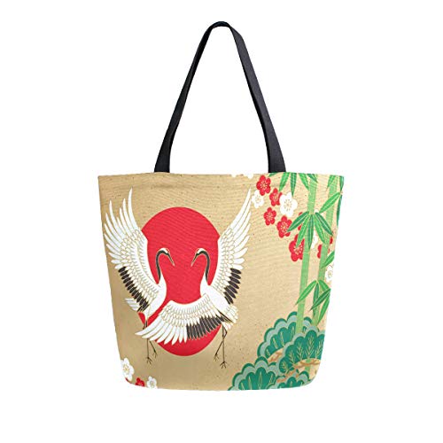 Mnsruu Cranes Pino Bambú Japonés Cerezo Blossom comestibles Bolsa de Compras Reutilizable Bolsa de Mano Grande Casual Bolsa de Hombro para Compras comestibles Viajes al Aire Libre