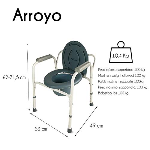 Mobiclinic, Arroyo, Silla con WC, silla de inodoro para mayores y discapacitados, silla orinal con reposabrazos, acero, ayuda de baño, altura regulable, tapa, conteras antideslizantes