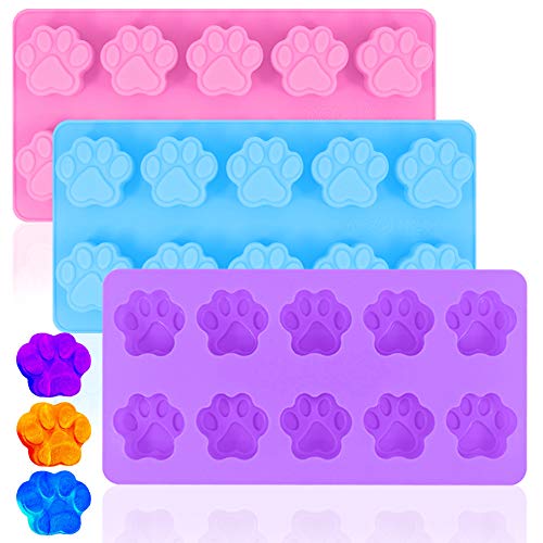 Moldes de silicona con estampado de patas, paquete de 3 bandejas antiadherentes DanziX para chocolate, caramelo, gelatina, cubito de hielo, golosinas para perros y gatos, morado, azul y rosa