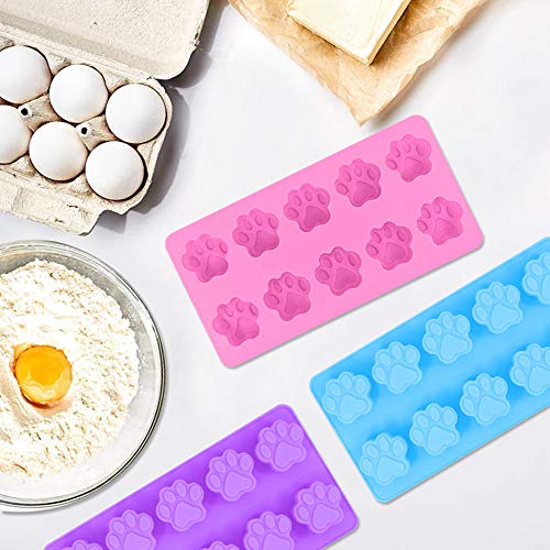 Moldes de silicona con estampado de patas, paquete de 3 bandejas antiadherentes DanziX para chocolate, caramelo, gelatina, cubito de hielo, golosinas para perros y gatos, morado, azul y rosa