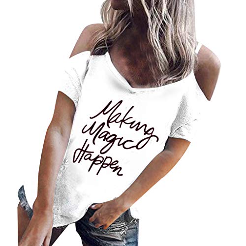 MOMOXI Tops para Mujer, Moda para Mujer Talla Grande Estampado Floral Frío Hombro Blusa Casual Camis Camiseta de Manga Corta de Verano para Mujer de Cuello Alto y Blusa con Cuello Alto Color Sólido