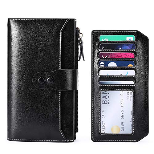 Monedero de Cuero para Mujeres, Purse con Cremallera, Monedero para Teléfono con Caja de Regalo, Cera para Aceite Carteras Cuero Bolso para Tarjetas,Negro