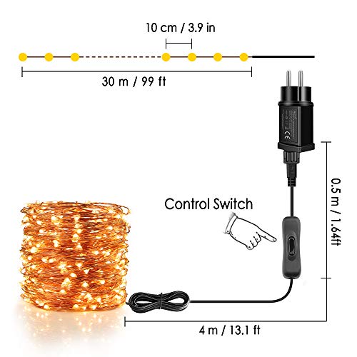 Moobibear Cadena de luces LED Blanco Cálido, Guirnalda Luces Exterior 30m 300 leds, IP65 Impermeable, Alambre de Cobre para Decoración, 12V, Con Enchufe y Interruptor