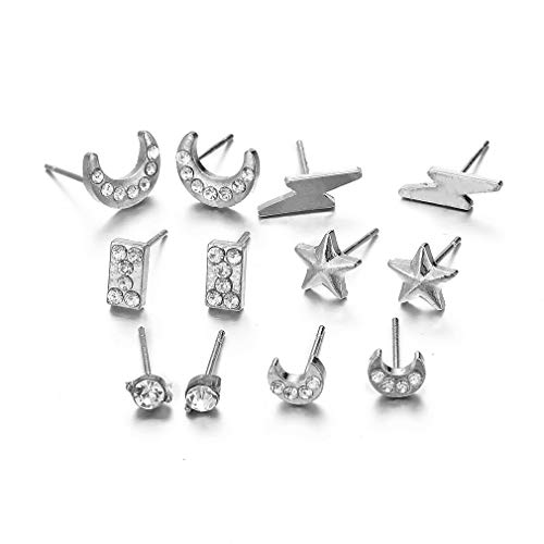 Moonqing - Juego de pendientes de tuerca con diseño de estrella de luna, para mujeres y niñas, con diamantes de imitación, 6 pares As description show plata