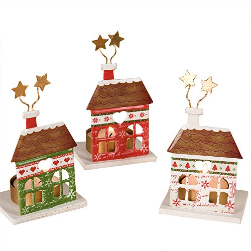 Mopec Portavelas metálicos de casita navideñas, Metal, Multicolor, 5 x 6.5 x 8.7 cm, 3 Unidades