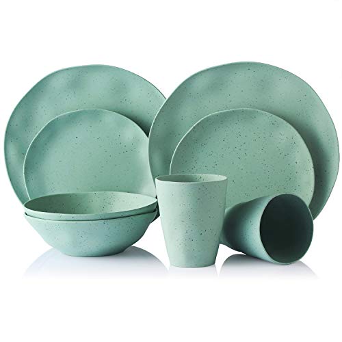 MORGIANA 8 piezas Vajilla de bambú, platos de bambú conjunto Platos para la cena Tazones Tazas para fiesta/boda/camping/picnic (Verde)