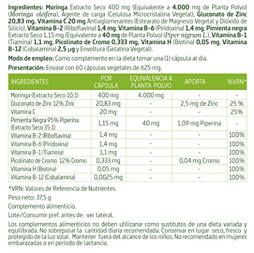 Moringa (Complex) 4000 mg. (Ext. Seco) - Con extracto seco de moringa, Zinc, vitamina C, extracto seco de pimienta negra, Cromo, Biotina y vitaminas del grupo B - 60 Cápsulas vegetales (3 Unidades)