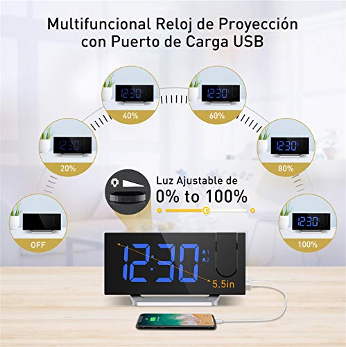 Mpow Reloj Despertador Digital, Radio Despertador Proyector con Puerto USB, Alarma Dual con 5 Sonidos e 3 Volúmenes, 0-100% Regulable Dimmer, 4 Brillo de Proyección, 30 Radio FM(Incluido el Adaptador)