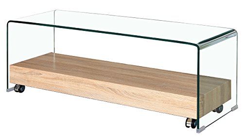 Mueble TV de Cristal Transparente – Bandeja Base con Ruedas (Madera Décor Roble – diseño Moderno – Ice