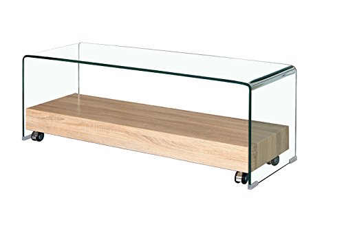 Mueble TV de Cristal Transparente – Bandeja Base con Ruedas (Madera Décor Roble – diseño Moderno – Ice