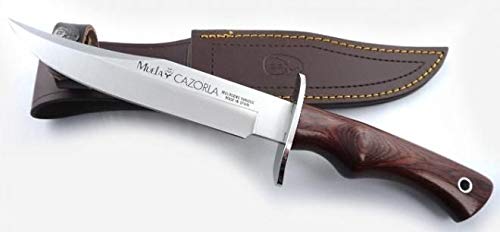 Muela Cuchillo de caza Cazorla CAZ-16R con hoja de acero inoxidable MoVa y empuñadura de madera rosewood para Caza, Pesca, Supervivencia y Bushcraft + Portabotellas de regalo