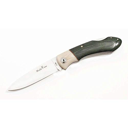 Muela Navaja GT-8G.B hoja de acero MoVa de 8 cm y empuñadura de micarta hueso y verde para Caza, Pesca, Supervivencia y Bushcraft Realizado en Ciudad Real + Portabotellas de regalo