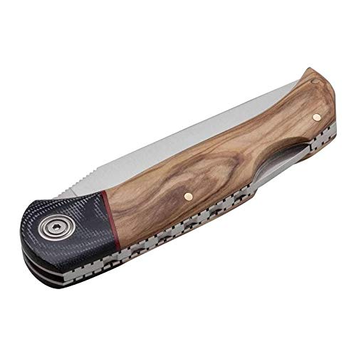 Muela Navaja NAVALIA-10M.OL Hoja de 10 cm y empuñadura de micarta Negra y Olivo para Caza, Pesca, Supervivencia y Bushcraft Realizado en Ciudad Real + Portabotellas de Regalo