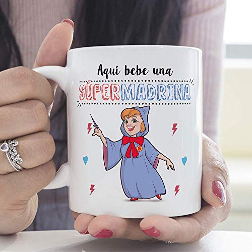 MUGFFINS Taza Madrina – Aquí Bebe una Super Madrina – Taza Desayuno/Idea Regalo Día de Pascua. Cerámica 350 mL