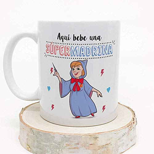 MUGFFINS Taza Madrina – Aquí Bebe una Super Madrina – Taza Desayuno/Idea Regalo Día de Pascua. Cerámica 350 mL