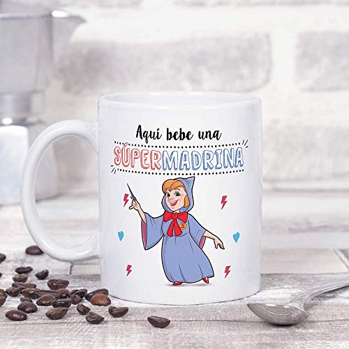 MUGFFINS Taza Madrina – Aquí Bebe una Super Madrina – Taza Desayuno/Idea Regalo Día de Pascua. Cerámica 350 mL