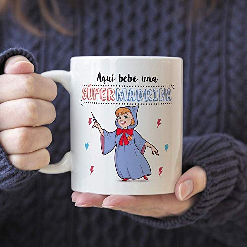 MUGFFINS Taza Madrina – Aquí Bebe una Super Madrina – Taza Desayuno/Idea Regalo Día de Pascua. Cerámica 350 mL