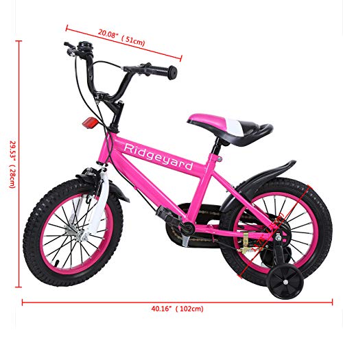 MuGuang 14 Pulgadas Bicicleta Infantil Estudio Aprendizaje Montar a Caballo Bicicleta niños niñas Bicicleta con ruedines con Campana por 3-8 años (Rosa Rojo)