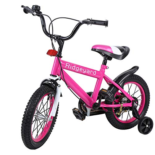 MuGuang 14 Pulgadas Bicicleta Infantil Estudio Aprendizaje Montar a Caballo Bicicleta niños niñas Bicicleta con ruedines con Campana por 3-8 años (Rosa Rojo)