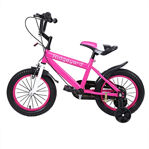 MuGuang 14 Pulgadas Bicicleta Infantil Estudio Aprendizaje Montar a Caballo Bicicleta niños niñas Bicicleta con ruedines con Campana por 3-8 años (Rosa Rojo)