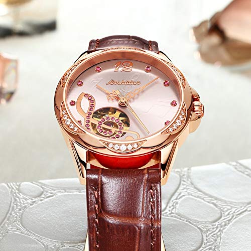 Mujer Rojo Hueco del Reloj De Señoras De Cuero con Personalidad Tendencia Diamante Impermeable del Reloj De Las Mujeres, Cuero Marrón Rose Shell Fideos (Color : C)