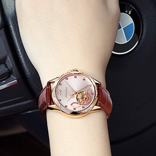 Mujer Rojo Hueco del Reloj De Señoras De Cuero con Personalidad Tendencia Diamante Impermeable del Reloj De Las Mujeres, Cuero Marrón Rose Shell Fideos (Color : C)