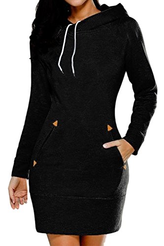 Mujer Vestido Casual con Capucha para Jersey De Manga Larga Bolsillo con Capucha Delgado Otoño Invierno Black1 S