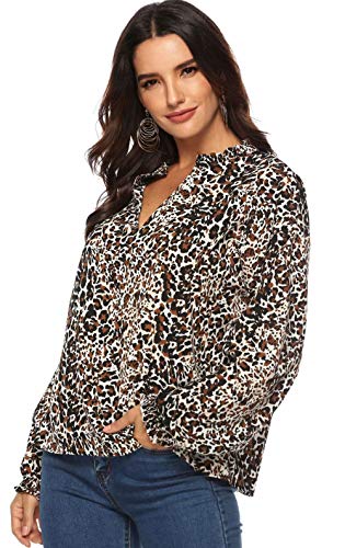 Mujeres Camisa Elegante Blusa Mangas Largas Camiseta Polsillo Escote V (Leopardo, M/EU 38-40)