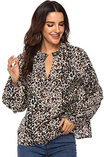 Mujeres Camisa Elegante Blusa Mangas Largas Camiseta Polsillo Escote V (Leopardo, M/EU 38-40)