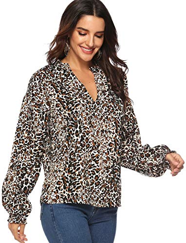 Mujeres Camisa Elegante Blusa Mangas Largas Camiseta Polsillo Escote V (Leopardo, M/EU 38-40)