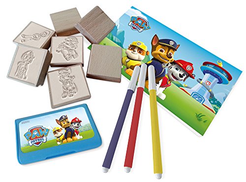 Multiprint Valija 7 Sellos para Niños Paw Patrol Boy, 100% Made in Italy, Set Sellos Niños Persolanizados, en Madera y Caucho Natural, Tinta Lavable no Tóxica, Idea de Regalo, Art.07903