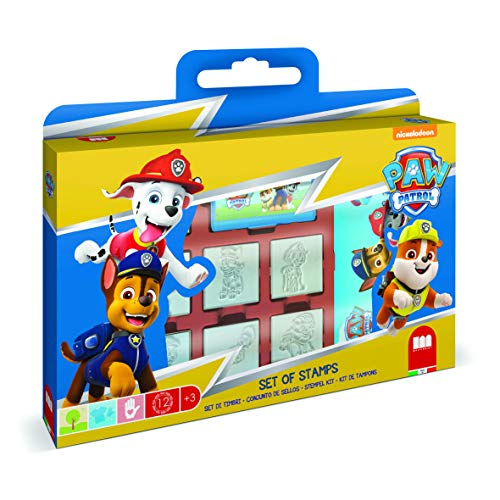 Multiprint Valija 7 Sellos para Niños Paw Patrol Boy, 100% Made in Italy, Set Sellos Niños Persolanizados, en Madera y Caucho Natural, Tinta Lavable no Tóxica, Idea de Regalo, Art.07903