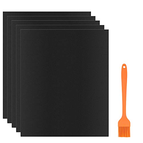 Mupoo Estera para Barbacoa, 5PCS de Tapete para Horno y 1 Cepillo de Silicona, Láminas Antiadherentes y Reutilizables para Parrilla de Gas Carbón Eléctrica (40x33CM, Negro)