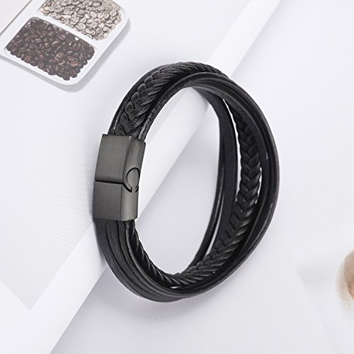 murtoo Pulsera Hombre Cuero Acero Inoxidable Cierre Magnética Negro Cuero Marrón Negro Trenzada Brazalete Negro 20cm