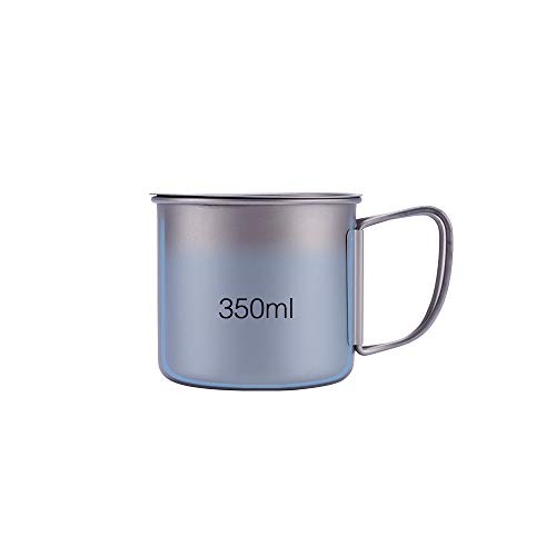 Musk Online Shop - Taza de titanio con tapa (350 ml/400 ml/600 ml, mango plegable, ultraligera, para camping, senderismo, escalada, viajes, ciclismo, correr, uso diario, 350 ml.