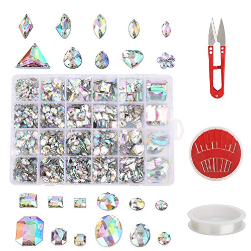 MWOOT 700 Piezas Diamantes de Acrílicas para Decorar Prendas Ropa Manualidades, Kit de Piedras Decorativas (Varios Tamaños y Formas) con Tijera de Costura, Agujas y Cordón, AB Perlas