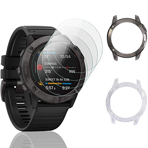 MWOOT Compatible con Garmin Fenix 6 y 6 Garmin Fenix Pro Protectores Cristal Templado [4 Unidades] y Funda Silicona [2 Unidades], 9H Dureza Resistente a Arañazo Protector Pantalla para Proteccion