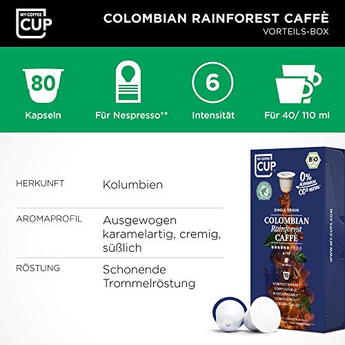 My-CoffeeCup Cápsulas de Café Colombian Rainforest - 8 Cajas de 10 Unidades de Café Orgánico - Compatibles con Máquina Nespresso®³ - 80 Cápsulas Degradables Industrialmente sin Aluminio