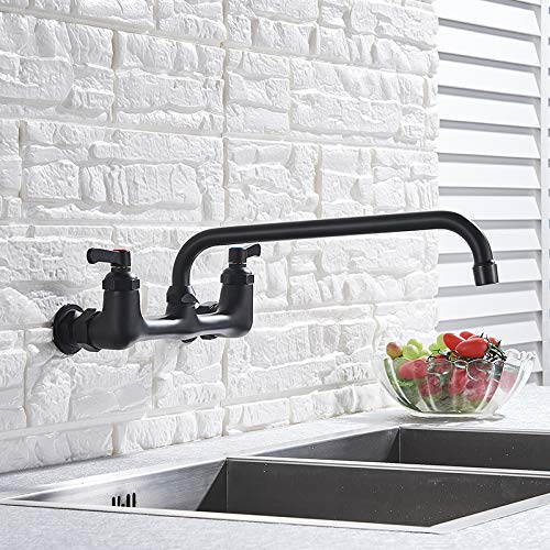 MySLT   Grifo de cocina de caño largo montado en la pared Grifo de latón de doble manija Grifo antiguo de agua fría y caliente Grifo giratorio de cocina de caño largo giratorio 360