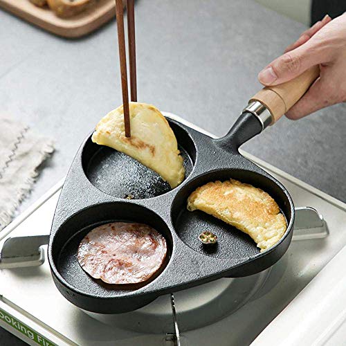 MZH 3 Agujeros Sartén para Huevos Tortilla de Hierro Fundido Olla para Huevos con Mango de Madera Sartén para cocinar Apta para lavavajillas 100% Revestimiento Antiadherente sin PFOA3.5 Pulgadas