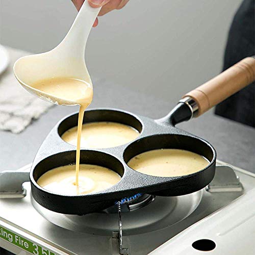 MZH 3 Agujeros Sartén para Huevos Tortilla de Hierro Fundido Olla para Huevos con Mango de Madera Sartén para cocinar Apta para lavavajillas 100% Revestimiento Antiadherente sin PFOA3.5 Pulgadas