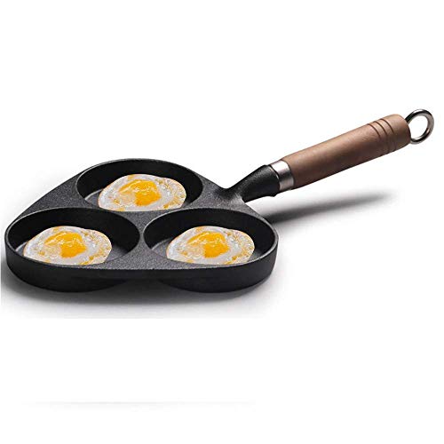 MZH 3 Agujeros Sartén para Huevos Tortilla de Hierro Fundido Olla para Huevos con Mango de Madera Sartén para cocinar Apta para lavavajillas 100% Revestimiento Antiadherente sin PFOA3.5 Pulgadas