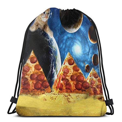 N / A Mochila con Cordón,Bolsas De Cuerdas Gimnasio,Saco De Gimnasio Deporte,Divertido Pizza Pirámide Planet Space Cat Athletic Sackpack para Viajar Escuela Yoga Entrenamiento Playa