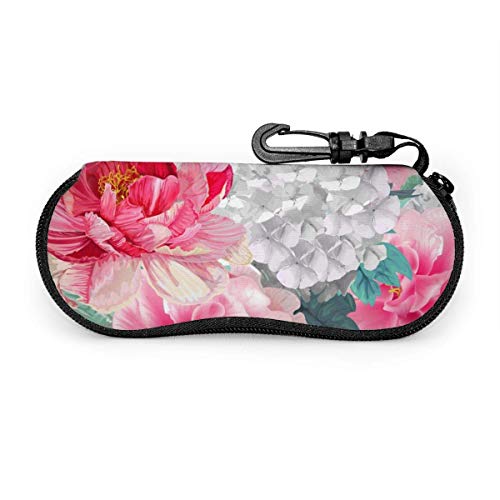 N / A Resumen Flores De Peonías Rosas Y Hojas De Hortensia Funda De Gafas Funda Portátil Caja Para Gafas De Sol Gafas Duro Caso Con Cremallera Con Mosquetón Para Hombres Mujeres