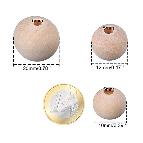 NACTECH 150pcs Bolas de Madera 10mm 12mm 20mm Diámetro Bola de Madera con Agujero Redondo Sin Tratamiento Perlas de Madera Perforadas para Colgantes Collar Plantas Decorativas Joyas Esferas Caritas