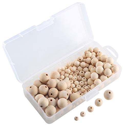 NACTECH 150Pcs Bolas de Madera para Manualidades Cuentas Madera con Agujero Bolas Madera 8mm 10mm 12mm 16mm 20mm Redondas Naturales sin Tratar Para Joyeria DIY