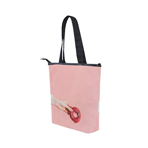 NaiiaN Bolsos de hombro con correa de peso ligero Bolso Bolso de compras Bolsos para mujeres Niñas Damas Graduación de estudiantes Rosado Sosteniendo Donuts Dulce